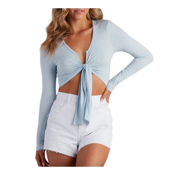 Windsor L Black Tie Up Knot Front Long Sleeve Basic Crop Top - Picture 1 of 6